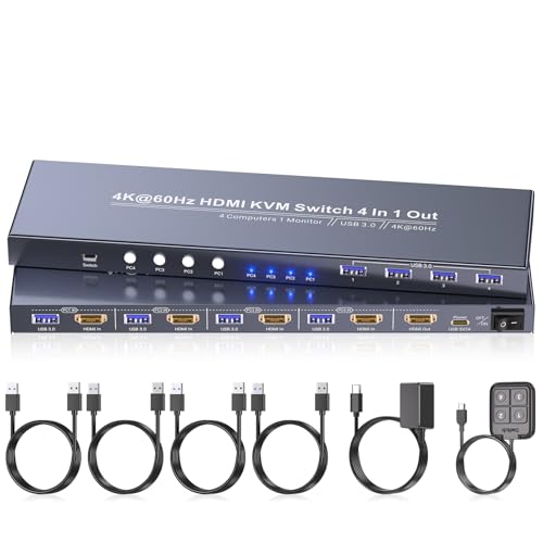 Image of 4K60Hz HDMI KVM Switch 1 Monitor 4 Computers, 4 Port KVM Switch for 4 PCs Share 1 Monitor and 1 Set of Keyboard Mouse, 4 Port USB 3.0 Hub Integrated, Dual Switching Methods