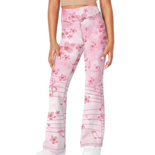 Cherry Blossom Leggings for Girls Stretch Musical Note High Waist Tummy Control Workout Dance Bootcut Yoga Pants3