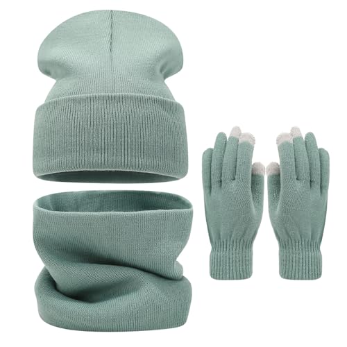 Hat Scarf and Gloves Set Ladies for Big Head Solid Colour Beanie Ribbed Snood Thermal Gloves 3 In 1 Fleece Lined Neck Warmer Cold Weather Sets for Outdoor