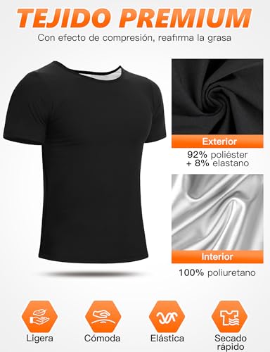 Kiiwah Camiseta Sauna Hombre Sudoración, Chaleco Neopreno Quema Grasa Adelgazar Deporte T-Shirt Suit Mangas Cortas para Gym Running Fitness Ciclismo, Negro
