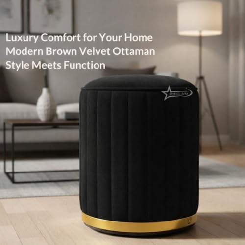 Image of Upholstered Round Linen Strip Stool Living Room Foot Rest Office Stool Pouf Ottoman Padded Seat - Black