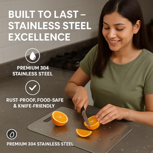 Image of Rectangular 304 Stainless Steel Chopping Board for Kitchen | with 1 Steel Straw & Anti-Skid Silicon Pad | for Cutting Vegetables, Meat, Fish, Fruits | Cutting Board | Medium | 31 x 21 cm