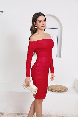 Image of Fooullaide Women's Sexy Off Shoulder Sleeveless Bodycon Ruched Midi Dress