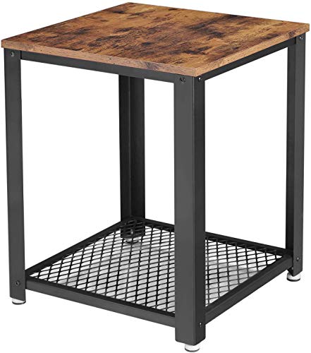 ALPIKA Industrial 2 Tier Side Table, End table, Coffee Table, Nightstand with Storage Mesh, Wood Accent Table with Metal Frame, Easy to Put Together, for Living room, Bedroom, Kitchen, Rustic Brown