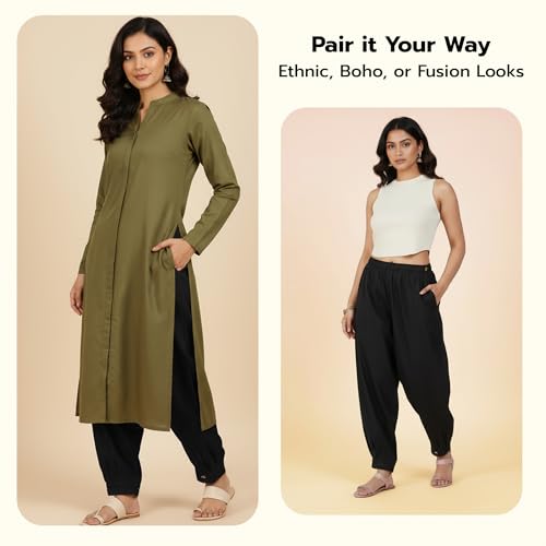 Image of Happy Bunny Women's Cotton Afghani Salwar with Lace Embroidery Detailing - Elastic Waist, Comfortable Loose Fit Bottoms for Casual, Ethnic