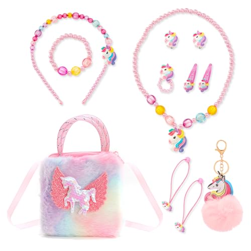 Bieiyhe Bolso Bandolera Unicornio Color Bolsitos Para Niñas Set de Joyas Unicornio Bolso de Peluche para Niñas Bolso de Felpa Peluche Bolso Bandolera Set Princesa Joyas Fiesta para Vestirse