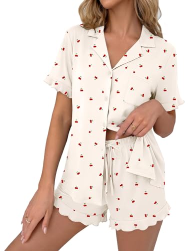 Ekouaer Schlafanzug Damen Kurz Shorty Pyjama Set Kurzarm Sommer Zweiteiliger Hausanzug Nachtwäsche Sleepwear Bedruckter Loungewear mit Knopfleiste Hellgelb-Kirsche L