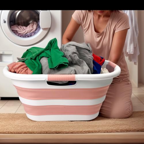 Image of SAMMART 40L (10.5 gallon) Set of 2 Collapsible Plastic Laundry Hamper - Foldable Pop Up Storage Container /Organizer - Portable Washing Tub - Space Saving Basket (2, Steel Gray+Quartz Pink)
