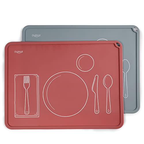CHAMOS Montessori Placemat for Toddlers - Kids Silicone Mats for Dining Table - Set of 2 - Table Setting Learning (Rose and Grey)