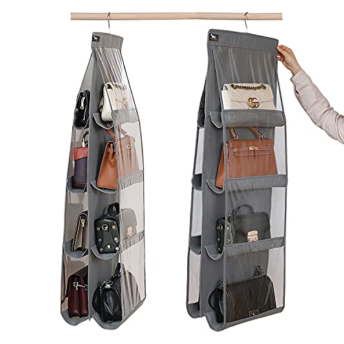 zebricolo, Purse Organizer Closet, 2 Pack, Purse Hanger Closet, 8 Pockets, Bag Organizer for Closet, Larger Pockets, Purse Organizer for Closet, Metal Hooks, Purse Storage Organizer, Gray