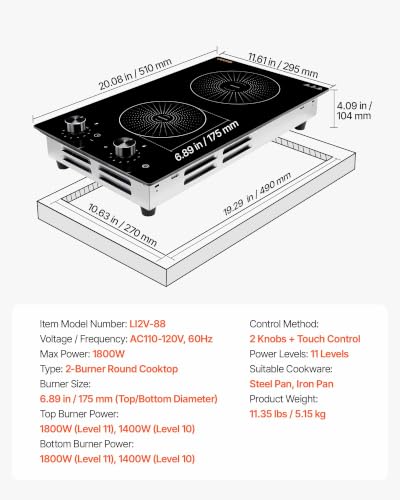 Image of VEVOR Induction Cooktop 12inch 2 Burners Built-in Electric Stove 110V 1800W, Countertop Induction Burner, with 11 Power Levels, Knob Control, Ceramic Glass Surface, Child Lock, for Kitchen, RV