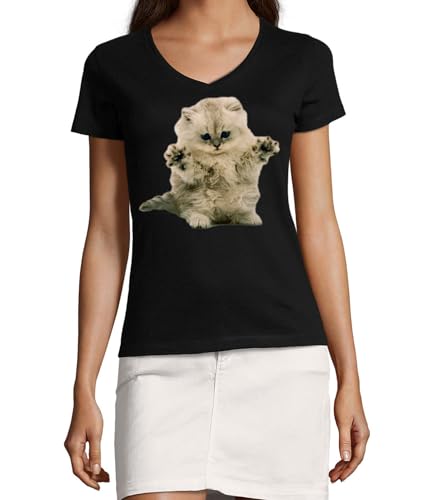 T-shirt chat col en V femme coton noir imprimé graphique artistique original
