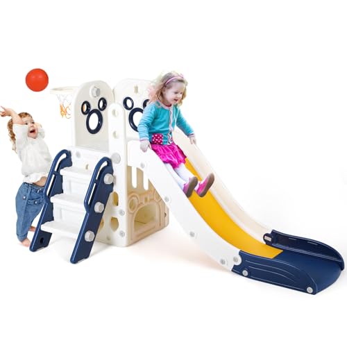 Arlopu Kids Slide L-Shaped, 5 in 1 Slide Climber for Toddler, with Ball & Hoop, Storage Space and Non-Slip Steps, Indoor Outdoor Baby Playset, Ideal for Boys Girls Birthday 3 Years + (Dark Blue)