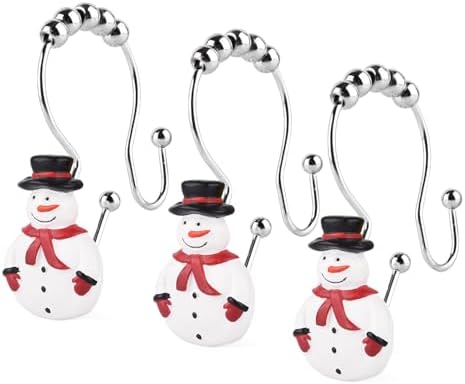 Christmas Double Shower Curtain Hooks,12PCS Xmas Snowman Rust Proof Shower Curtain Hook Rings for Winter Decoration in Bathroom and Living Room