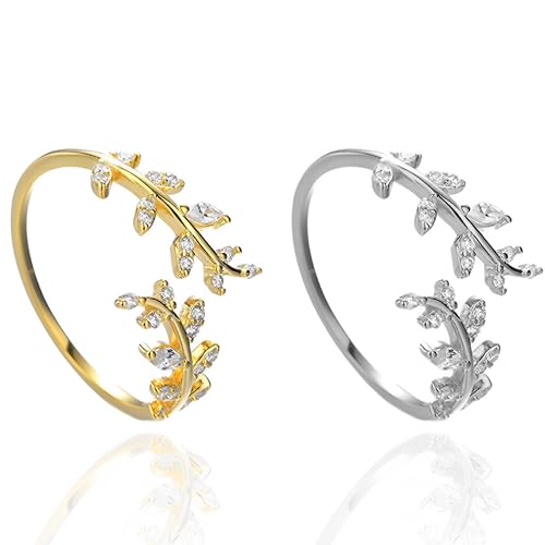COACOM 2 anillos abiertos, anillo de hoja envolvente personalizado, anillo ajustable, exquisita joyería de mano para mujeres, accesorios de moda, adecuado para vestirse, citas y regalar (oro, plata),