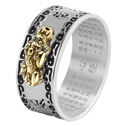 HJ HUAJ Feng Shui PiXiu Mantra Ring - Adjustable Lucky Wealth Buddhist Jewelry