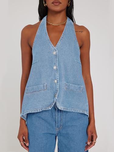 Image of Tankaneo Womens Halter Denim Vest Tops Summer Sleeveless Open Back Y2K Going Out Jean Tank Tops V Neck Button Up Waistcoat