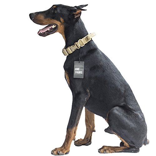 OneTigris Tactical Dog Collar with Handle and UTX-duraflex Buckles Adjustable Nylon Collar Fit Medium to Large Dog with 17'' - 24.2'' Neck Girth (Tan)