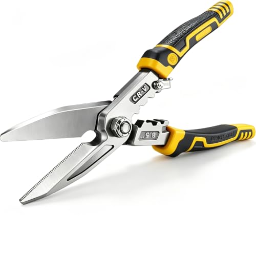 Image of Heavy Duty Industrial Scissors 8.5'', Utility Sharp Aviation Tin Snips, Finely Serrated CR-V Blades with Safety Lock, for Cutting Wires, Cardboard, Plastic, Carpet,red (Yellow)