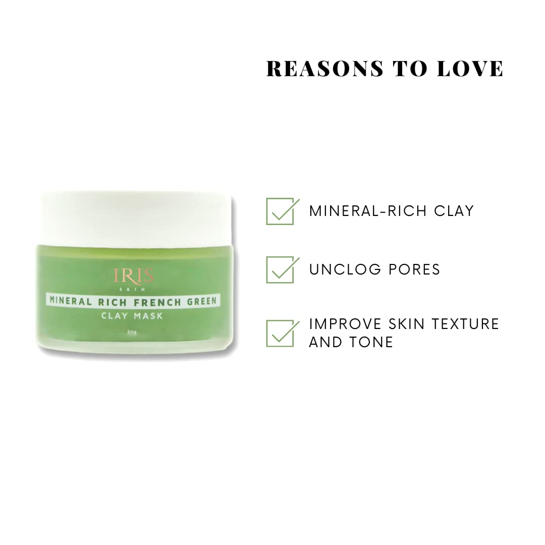 IRIS COSMETICS French Green Clay Mask, Deep Cleansing, Purifying, Oil Control Face Mask for Oily Skin, 50g 1