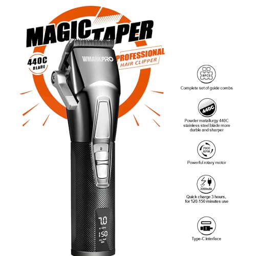 Image of WMARK NG-2036 Professional Zero Gapped Hair Clipper Self Sharpening Blade 6000 /7000 RPM 2 Speed Magnetic Motor Charging Adapter 8 Guide Comb Taper Lever Adjustment Runtime 120-150 min 2000 mAh, Black