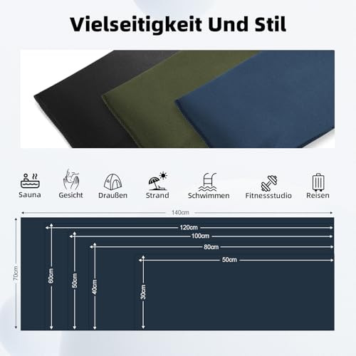 Mikrofaser Handtuch 3er Set (60*120cm): Schnelltrocknend & Kompakte Microfaser Sporthandtuch, für Reisehandtuch, Badetuch, Fitness, Strandtuch und Sport Handtücher (Marineblau + Schwarz + Armeegrün)