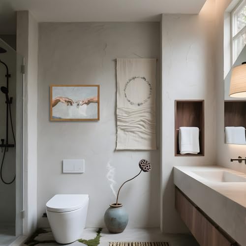 Image of Funny Bathroom Wall Art, Vintage Eclectic Restroom Sign Wall Decor Paintings, Funky Handing Toilet Paper Canvas Prints Artwork Pictures 16x12 inch Wood Framed