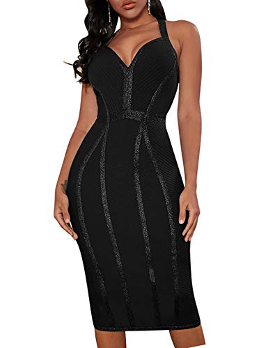 Whoinshop Women's Bandage Halter V Neck Midi Cocktial Bodycon Club Party Dress