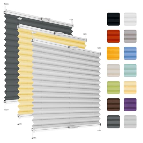 Fenster Plissee ohne Bohren zum Kleben auf Rahmen - Thermo Plisseerollo Innen - Rollo Jalousie, auf den Fensterrahmen, Faltrollo, Sichtschutz, Blickdicht, für Fenster & Tür - Hellgrau, 45 x 200 cm