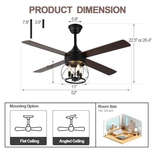 Image of 52 inch Farmhouse Rustic Caged Chandelier Fan with Light