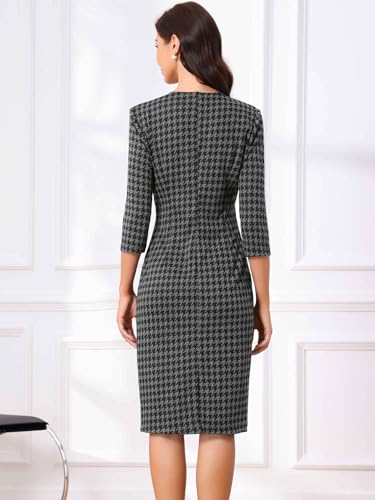 Allegra K Vintage Houndstooth Dress for Women's Elegant 3/4 Sleeve Bodycon Work Dresses3
