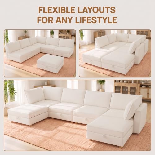 Image of 99 inch Chenille Modular Sofa Bed with Washable Covers & Storage, 6-Seater Modular Sectional Sleeper Sofa Bed with Movable Ottoman Chaise, Convertible Sleeper Sectional Couches for Living Room, Beige
