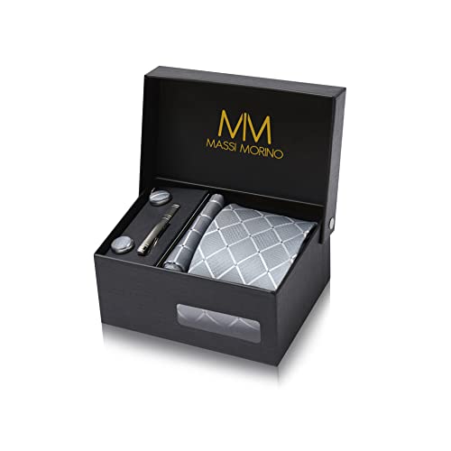 Massi Morino Corbata Gris Cuadrado con Pañuelo | Set de Corbata para Hombre incl. Gemelos, Pasador y Caja de Regalo | Accesorios ideal para Bodas