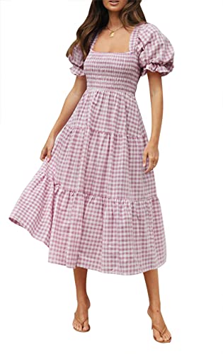 Image of ZESICA Women's 2026 Boho Summer Dresses Gingham Puff Sleeve Square Neck Flowy Beach Midi Dress