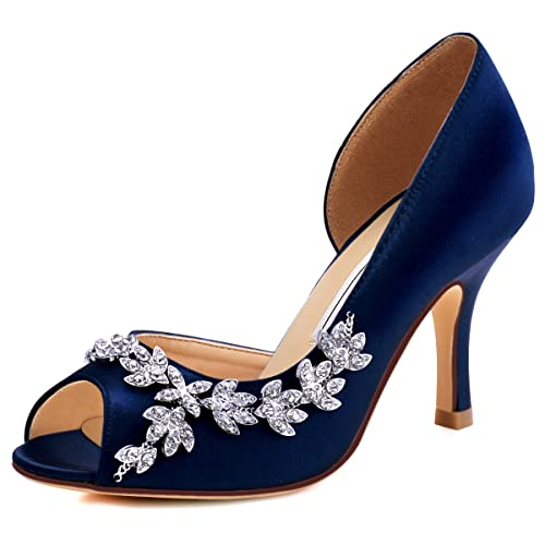 Image of ELEGANTPARK Peep Toe Heels for Women, Satin Rhinestones Dress Wedding Shoes