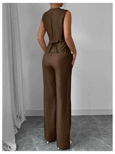 SOLY HUX Women's 2 Piece Outfits V Neck Button Down Vest Tops and High Waisted Pants Set Office Work Suit2
