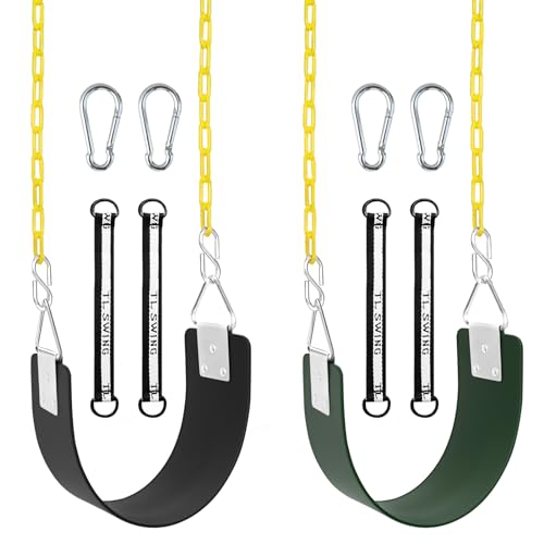 Swing Set Seat with Metal Triangle Ring & 66Inch Anti-Rust Chains, Tree Swing Accessories with Snap Hooks & Hanging Straps, Support 300lb, Outdoors Backyard Playground- 2 Pack (Green & Black)
