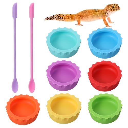 9pcs Crested Gecko Food Dish 1.26inch Silicone Geckos Feeding Cups and Spoons Set Colorful Food and Water Bowl Gecko Tank Accessories for Crested Geckos Hermit Crabtortoise Tarantula Lizard