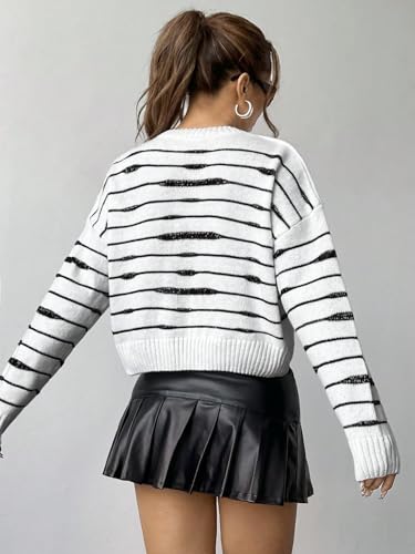 WDIRARA Women's Striped Crop Sweater Crewneck Long Sleeve Loose Knit Pullover Sweater Tops2