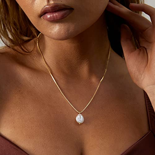Feskive Dainty Pearl Pendant Necklace For Women Plated 14K Gold Elegant Freshwater Pearl Necklaces Toggle Paperclip Pearl Necklace Half Pearl Half Chain Choker Necklace Irregular Gold Pearl Chain Simple Jewelry For Gifts #TOP1