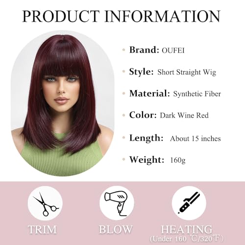 OUFEI Dark Wine Red Bob Wig With Bangs Short Straight Wig For Women Synthetic Hair Wigs for Daily Party Cosplay Wear - Image 2