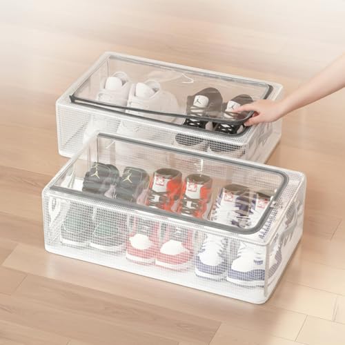 Image of PrettyKrafts Shoe Storage Box, Clear Plastic Stackable Shoe Box, Space Saving Foldable Multipurpose Storage Organizer for Shoes & Blankets, Clothes, UnderBed & Closet Storage (62 x 33 x 34 cm)