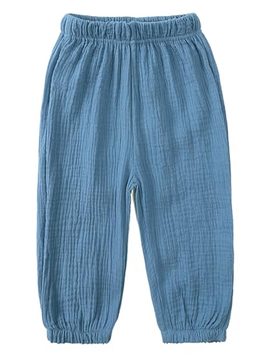 Kaerm Kinder Baby Mädchen Jungen Sommer Leinenhose Bloomers Baumwolle Lange Hosen Dünn Pumphose Haremshose Jogginghose Lässig Stretch Blau 98-104