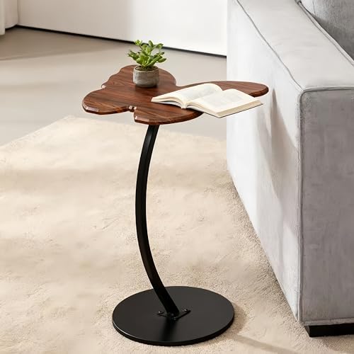 Uwenkjie Table d'appoint en noyer en forme de papillon – 43 x 33 cm – Table d'appoint en bois avec pieds en fer incurvés – Table de canapé/table de chevet...