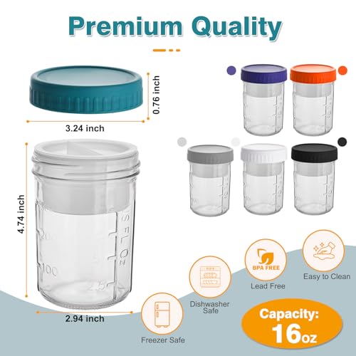Image of 6 Pack Overnight Oats Containers with Lids and Spoons, 16 OZ Glass Mason Jars with Removable Separate Compartments, Airtight Leak Proof Oatmeal Container for Chia Pudding, Yogurt, Breakfast, Cereal