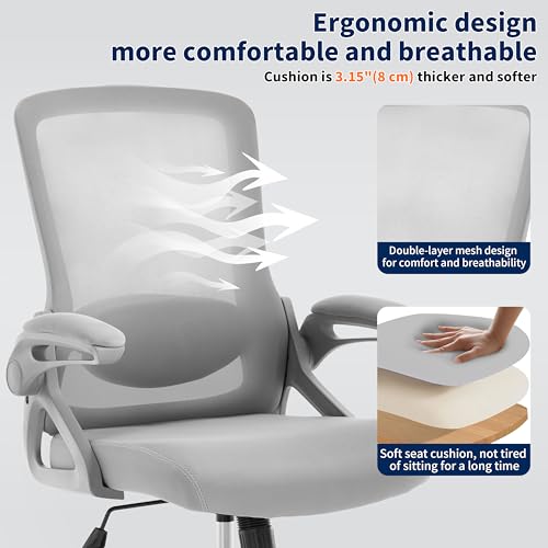 Image of Ergonomic Office Chair, Desk Chair with Adjustable Lumbar Support, Breathable Mesh Comfy Computer Chairs with Flip-up Armrests Executive Task Chair for Adults Home Office (Gray)