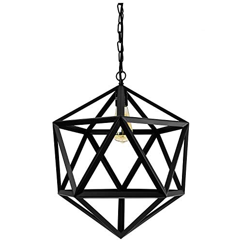 Sunlite 07094-SU Vintage-Inspired Hexagon-Shaped Industrial Hanging Pendant Farmhouse Fixture, Geometric Metal Cage Light, Single Socket Medium Base (E26), 51" Cord & Chain, Satin Black Finish