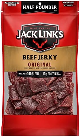 Jack Link's Beef Jerky, Original, 1/2 Pounder Bag - Flavorful Meat Snack, 10g of Protein and 80 Calories, Made with Premium Beef - 96% Fat Free, No Added MSG** or Nitrates/Nitrites, 8oz