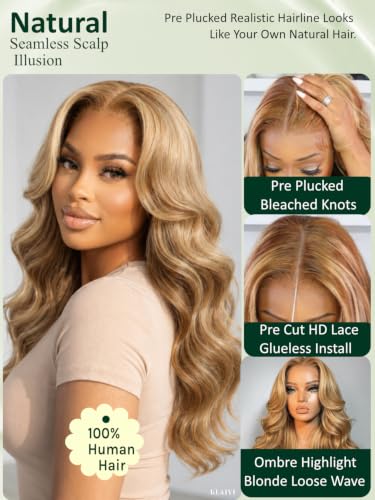 Image of KLAIYI Bye Bye Slip Ombre Highlight Honey Blonde Glueless Precut 7x5 Lace Front Loose Body Wave Wig Human Hair Drawstring Pre Plucked Bleached Knots Pre Everything 30S Ready to Wear and Go Wig 22Inch