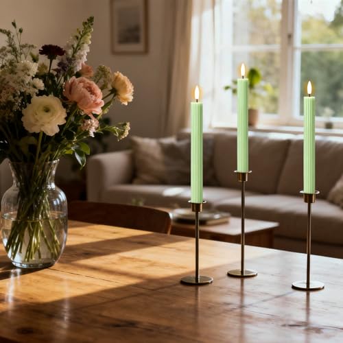 Image of Green Flameless Flickering Taper Candles Battery Operated with Remote and Timer, 3D Wick Real Wax Vertical Stripe LED Candlesticks Spring Dinner Wedding Home Decor(3 Pack, 0.79 inch D x 9.8 inch H)